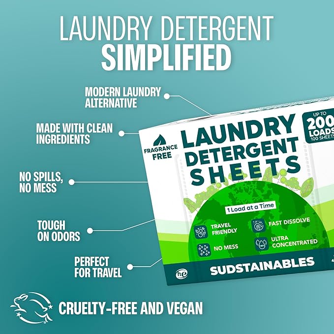 Sudstainables Laundry Detergent Sheets 200 Loads – Dissolvable Laundry Sheet for Washing Machines, Compact Alternative to Liquid & Powder Detergent, Travel-Friendly Soap | Fragrance Free