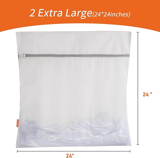 Polecasa 2Pcs 24 x 24 Inches Extra Durable 125g Diamond Mesh Laundry Bags with Sturdy Zipper for Delicates, Protect Clothes in Washing Machine, Laundry Room Essentials for College, Dorm (2 XL-Large)