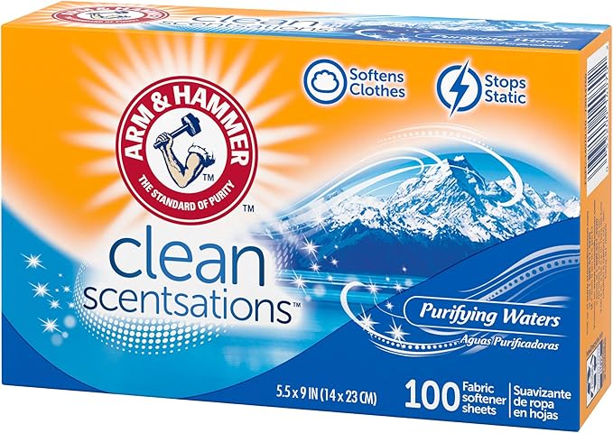 ARM & HAMMER Fabric Softener Sheets, 100 sheets, Purifying Waters (Pack of 2)