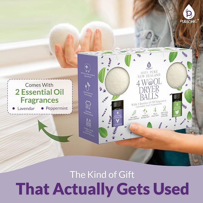 Pursonic 4-Pack Laundry Wool Dryer Balls with Lavender & Peppermint Essential Oil Scent - Reusable Fabric Softener Balls Made from Pure New Zealand Wool - 2.75" Diameter