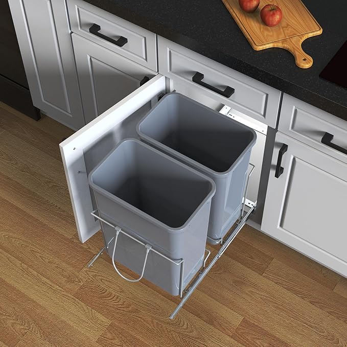 Double Pull-Out Trash Can, 35QT Under-Cabinet Kitchen Bin, Metal Frame, Grey, Fits Above 18” Opening Cabinets