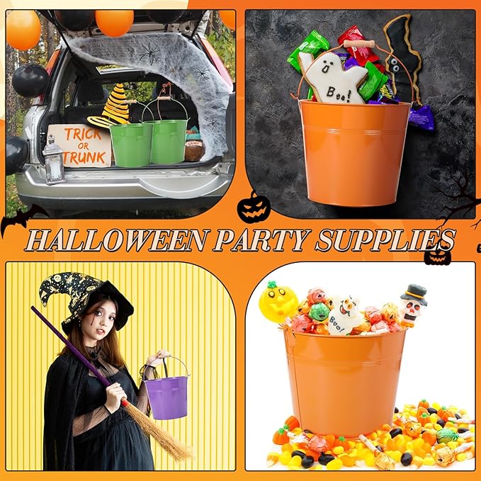 12 Pcs Large Galvanized Metal Buckets with Handle 10 Inch Heavy Duty Stainless Steel Pails Round Pail for Party Wedding, Crafts, Utensils, Table Centerpieces (Halloween Color)