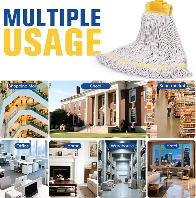 Matthew Cleaning Commercial Mop Head Replacement, 5 Inch Wide Headband, Looped End Cotton Blend String Wet Mops for Floor Cleaning, 24 oz Large, 3-Pack White