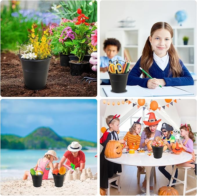 24 Packs Mini Metal Buckets with Handles,5 x 3.5 x 4.7 Inch Black Mini Iron Pail Small Galvanized Tin Pails for Events, Classroom, School Storage, Succulents, Rustic Home Decor