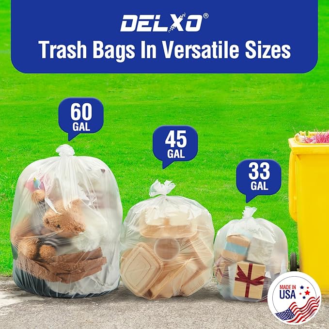 Delxo 55-60 Gallon Clear Trash Bags, 100 Count – 0.9 Mil Medium Duty Garbage Bags, Thick, Durable & Puncture-Resistant Plastic, Perforated Design – Made in USA for Kitchen, Yard, Office & Party