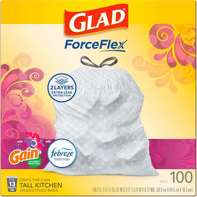 Glad ForceFlex Tall Kitchen Trash Bags, 13 Gallon, Gain Moonlight Breeze, 100 Ct (Package May Vary)