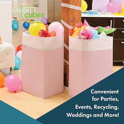 30 Gallon Disposable Pop-Up Trash Cans (3-Pack, Multi-Liner) with Fitted Bags – Foldable Garbage & Recycling Bins for Parties, Events & Kitchen (Pink 30" H x 14" W x 17" D)