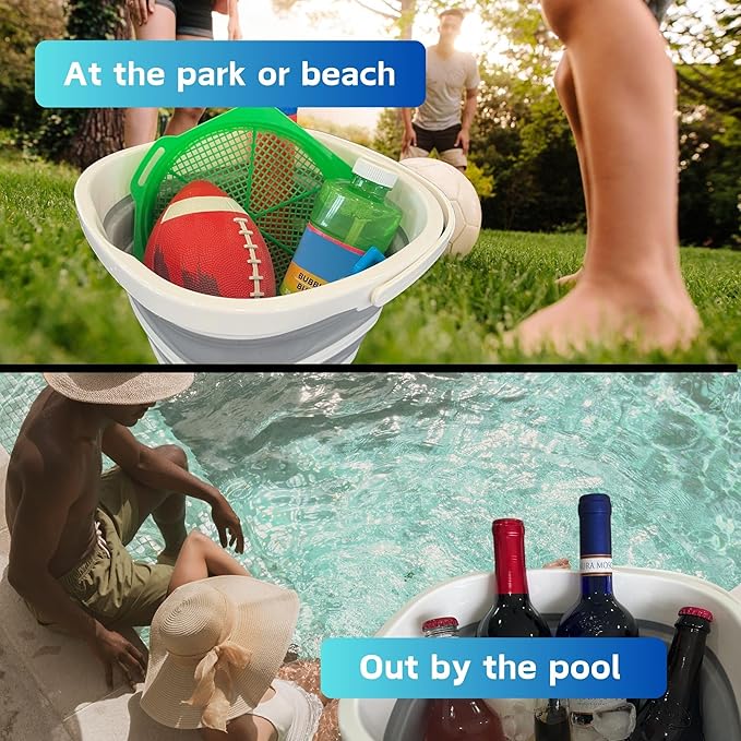 Collapsible Bucket 10L (2.6 Gallon) – BPA-Free Folding Silicone with Handle, Spout & Hook | Compact, Space-Saving for Mop, Cleaning, Car Wash, Camping, Beach, and Outdoor Use (Grey)