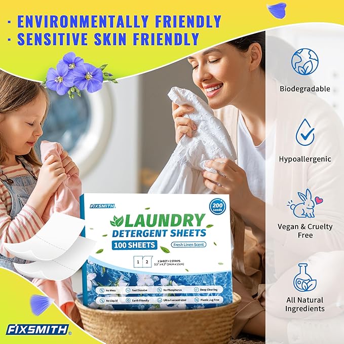 FIXSMITH Laundry Detergent Sheets - 200 Loads (100 Sheets) Fresh Linen Scent - Hypoallergenic,Eco Friendly Laundry Detergent Strips Ultra-Concentrated Travel Detergent Sheets.Plastic-Free,Liquidless
