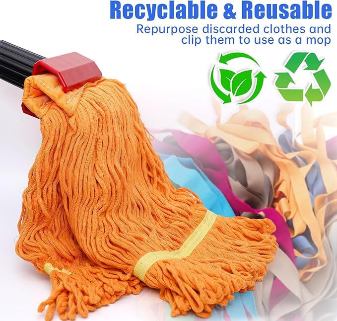 Heavy Duty Commercial Mop with 77inch Long Handle, Looped-End String Wet Mop with 2 Heads for Home, Garage, Office Floor Cleaning (Blue-Orange)