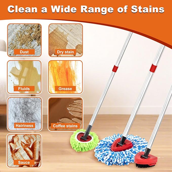 2 Microfiber Mop Head Refills and 2 Chenille Mop Pads,1 Upgrade Scrub Brush 1 Spin Mop Base for O Cedar RinseClean 2 Tank Spin Mop System,Spin Microfiber Mop Refills for Cleaning All Floors