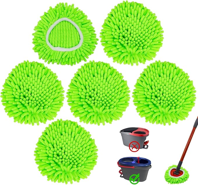 6 Pack Mop Replace Heads Mop Heads Replacements for O-Cedar RinseClean 2-Tank Spin Mop System,Chenille&Microfiber Mop Head Refills for Multi-Surface Floor Dry/Wet Use,Reusable and Washable,Green