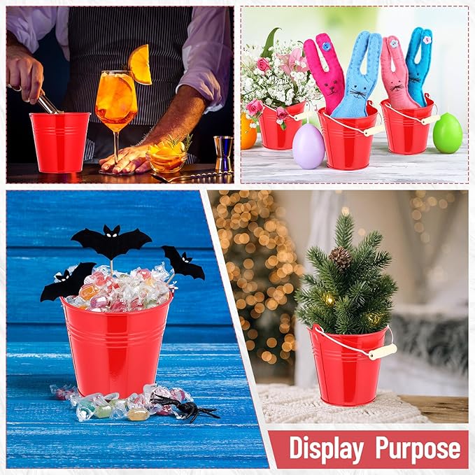 Zopeal 6 Pcs Large Metal Bucket Beer Bucket Galvanized Steel Pail with Handle for Gifts Basket Ice Candy Party(5 x 4.7 x 3.5 Inch,Red)