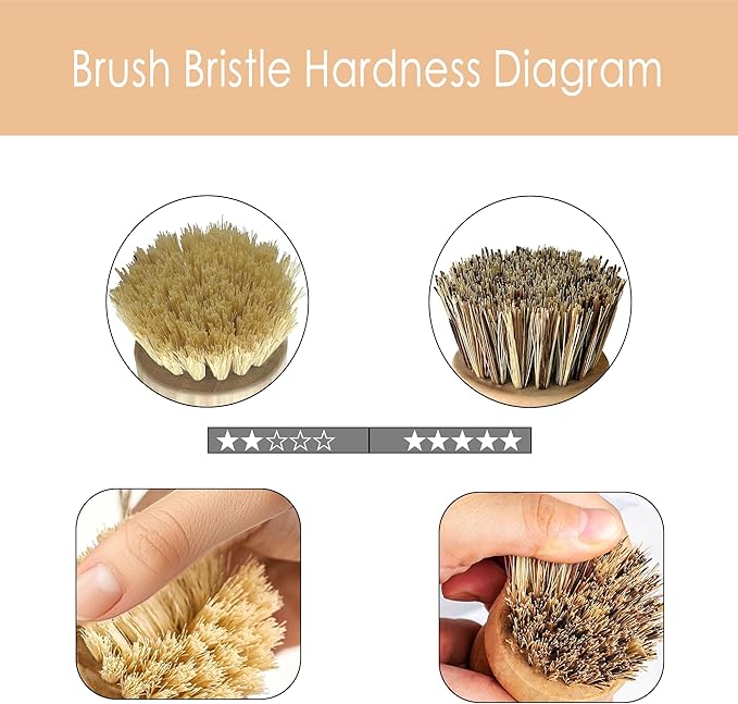 Wooden Dish Scrub - Natural Fiber Scrubber for Handle Kitchen Food & Dishes and Vegetable - 3 Pack