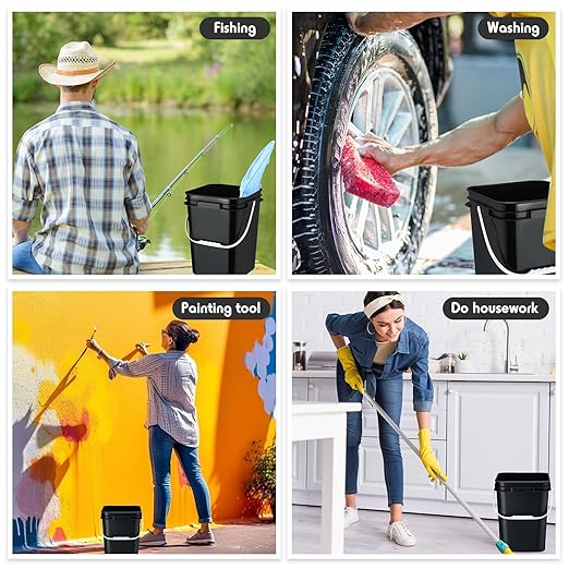 Vesici 6 Pcs 5 Gallon Food Grade Square Buckets with Lids 5 Gal Plastic Food Storage Square Bucket Heavy Duty Industrial Pail Container with DIY Label Stickers Handles for Water Painting(Black)