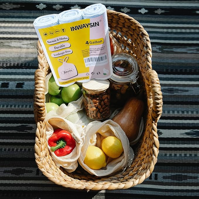 Small Trash Bags 4 Gallon Drawstring, Inwaysin 4 Gallon Trash Bag Extra Strong, Small Garbage Bags for Bathroom Can Bedroom Office Can, Unscented, Quick Cinch,15-18L, White, 54Count