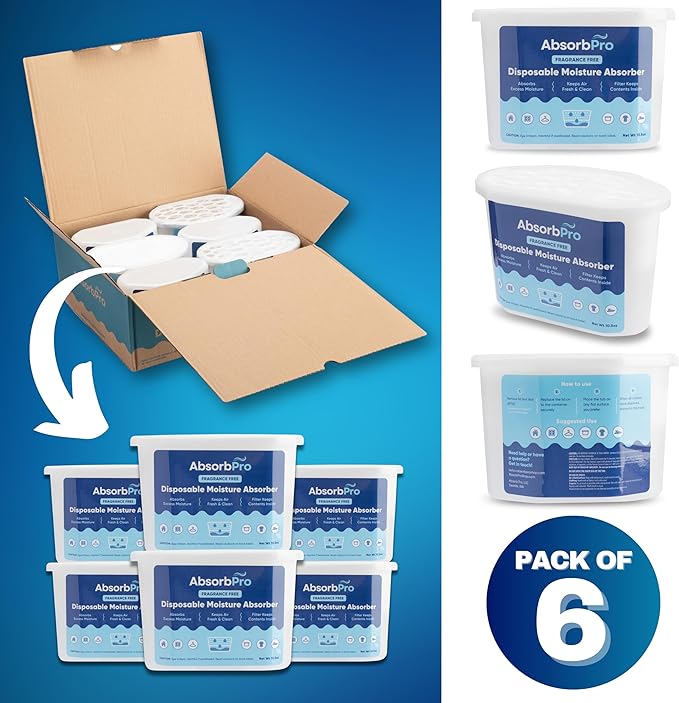 Moisture Absorber Tub Fragrance Free - 6-Pack - 10.5 oz Unscented Disposable Odor Eliminator Box & Dehumidifier for Garage, Home, Kitchen, Bedroom, Bathroom, Closet, Cars, and Boats