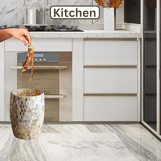 Escenzy Natural Shell Bathroom Trash Can Mosaic Glass 5L | Decorative Small Garbage Can | 7" x 10" | Luxury Waste Basket for Restroom, Office, Bedroom & Kitchen | Shiny Glass Bathroom Accessories