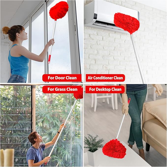 Ceiling Fan Cleaner Duster High Ceiling Extended Fan Blade Cleaner from 13 to 50 Inch Reusable Microfiber Ceiling Fan Duster with Extension Handle for Furniture Bookshelves Wall Door (Red)