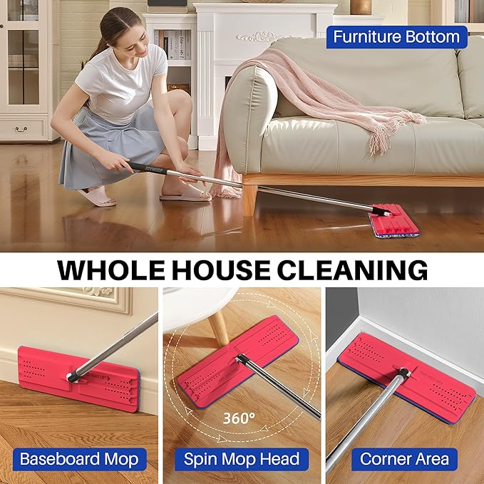 JOYMOOP Mop and Bucket Set for Home, Hands-Free Self-Cleaning System, with 3 Reusable Microfiber Mop Pads, Suitable for Floor Cleaning and Wall Cleaner - Black+Red+Slate Blue