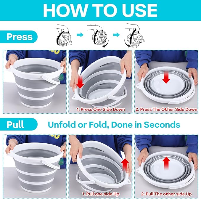 2 Pack Collapsible Buckets - 2.6 Gallon (10L) Large Capacity, Essential for RV, Garden Cleaning, Car Washing, Camping, Fishing, Multi-Purpose Durable Portable Buckets, Easy Storage, Use Anywhere