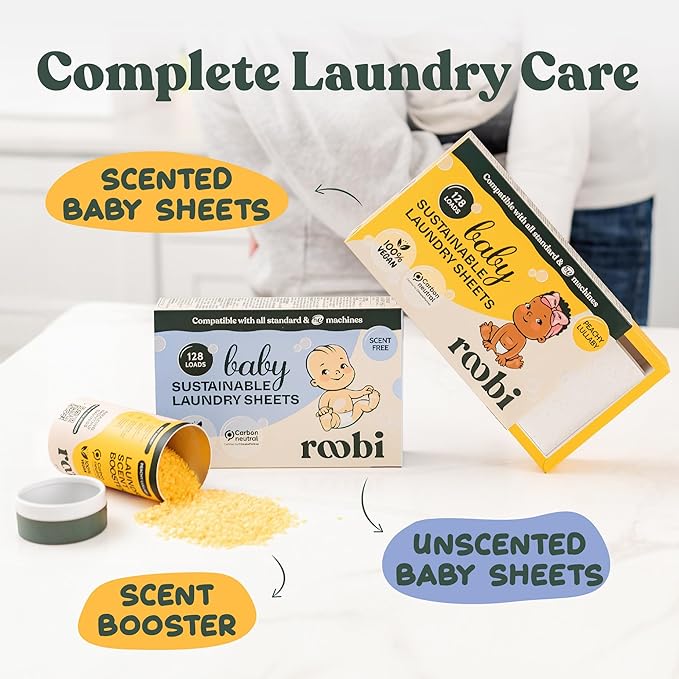 Roobi Baby Laundry Detergent Sheets. Specially Formulated for Sensitive Skin. Newborns, Infants & Toddlers Clothes. Unscented. Up to 128 Loads