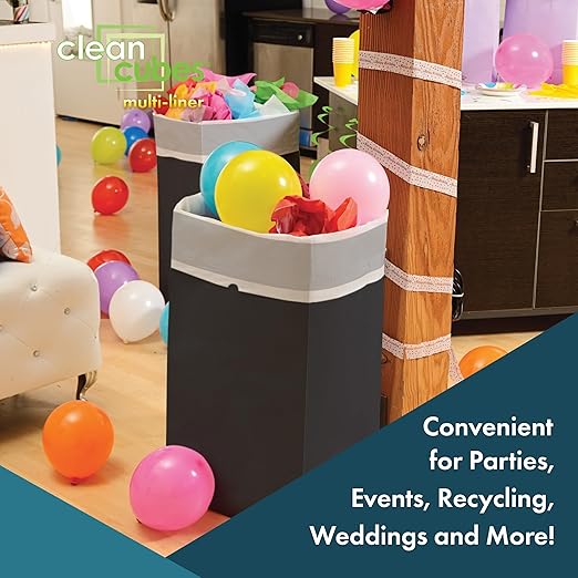 30 Gallon Disposable Pop-Up Trash Cans (3-Pack, Multi-Liner) with Fitted Bags – Foldable Garbage & Recycling Bins for Parties, Events & Kitchen (Black 30" H x 14" W x 17" D)