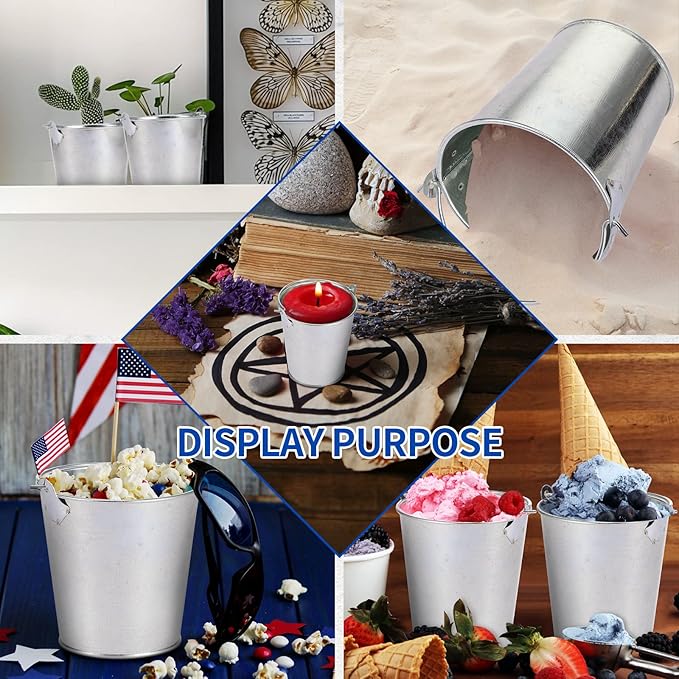 Mini Metal Buckets with Handles Galvanized Buckets 3.15 Inch Mini Container Pails for Metal Tin Plant Holder Pail for Wedding Decoration Party Favor(Silver,28 Pcs)