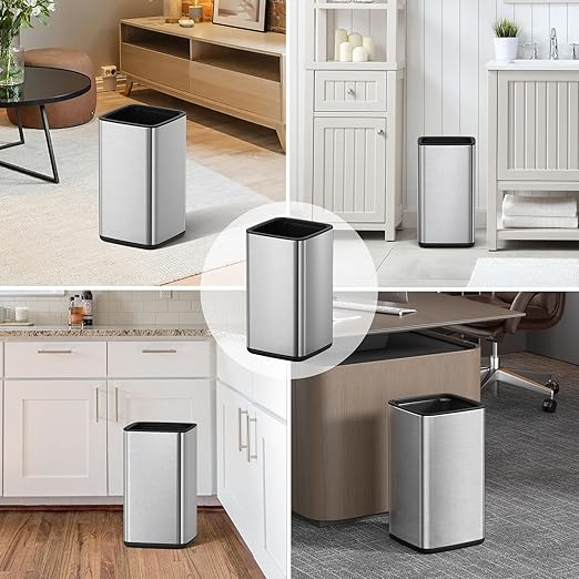 Mbillion 3.2 Gal (12L) Stainless Steel Open - Top Trash Can with Removable Inner Bucket - Sleek Metal Waste Basket for Bathroom Office, Brushed Steel