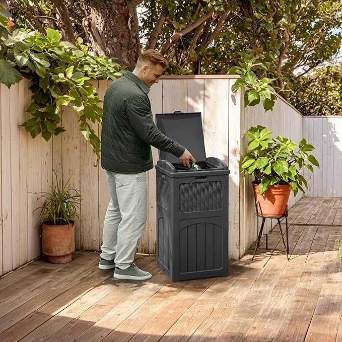 YESHOMY 33 Gallon Resin Outdoor Trash Can with Lid, Hideaway Waterproof Patio Garbage Bin, Gray