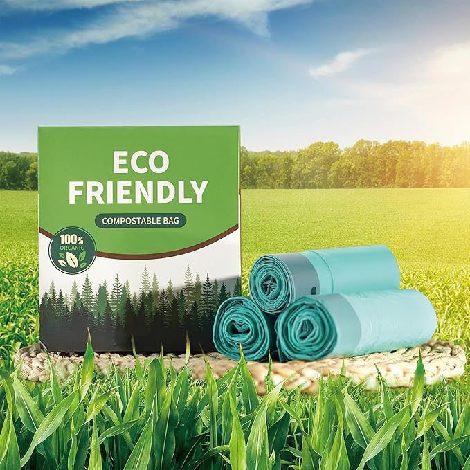 Biodegradable drawstring trash bags, 4 Gallon, 100% Compostable garbage bags wastebasket liners bags for kitchen bathroom office garden,US BPI ASTM D6400 and Europe OK Compost Home Certified