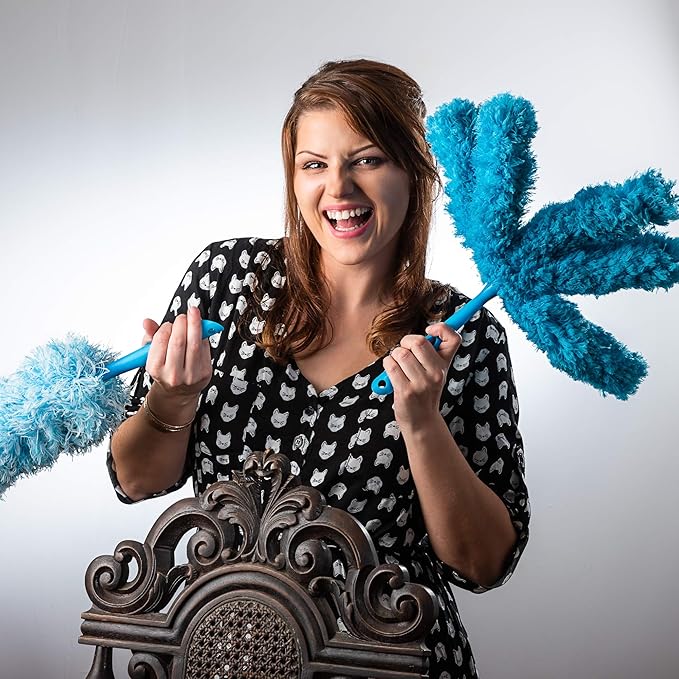 Extendable Washable Microfiber Duster and Blind Cleaner w/Pivoting Head and Extension Pole. Telescopic Arm and Flexible Heads for Easy Ceiling and Cobweb Dusting. Detachable Dusters = Quick Cleaning