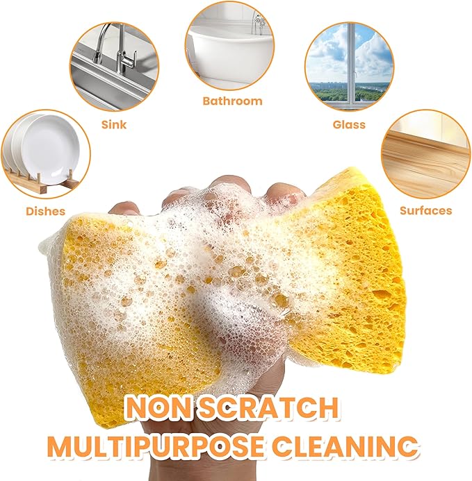 8-Count Pop Up Cellulose Sponges | Non-Scratch Eco-Friendly Kitchen Sponges for Dishes, Bathroom, Cars | Tear-Resistant Natural Scrub Sponges | Biodegradable Compostable Cellulose