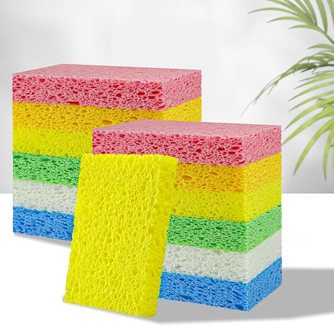 Non-Scratch Kitchen Sponges 24 PCS | Compressed Cellulose Sponges | Natural Biodegradable Sponge for Kitchen Dishes Bathroom Cars | DIY Cut-Outs for Kids