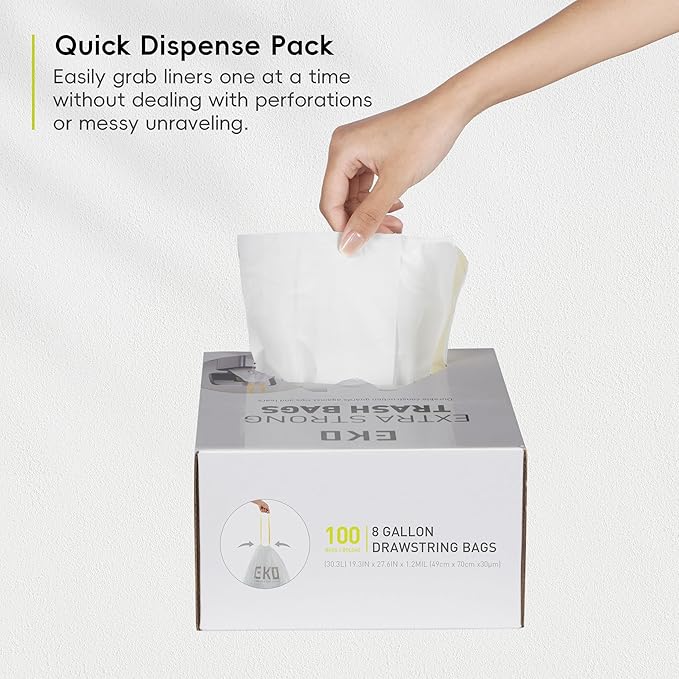 EKO 8 Gallon / 30.3 Liter,100 Count Drawstring Trash Bags, Extra-Strong Unscented Garbage Bags, Easy-Dispense Roll for Kitchen & Household Use, Resists Tears, Leaks and Punctures, Code F-1, White
