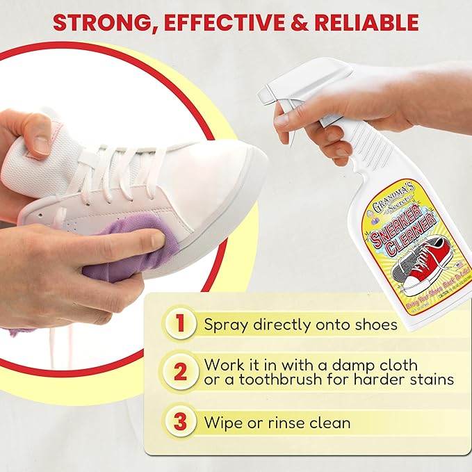 Grandma's Secret Sneaker Cleaner - Shoe Cleaner for Rubber, Canvas and Leather - Stain Remover Spray Removes Dirt, Grime and Grass - Sneakers Cleaner for Outdoor Shoes, Slippers and Moccasins – 16 oz