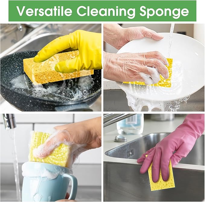 12 PCS Dish Sponges Kitchen, Non Scratch Cleaning Sponge for Non Stick Cookware, Natural Compressed Cellulose Wash Scrub for Household Bathroom, Soft Washing Scrubbers (Yellow)
