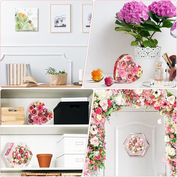 3 Pcs Large Silicone Molds for Resin - Glossy Deep Square, Hexagon, Heart Bookends & Round Molds for Flowers Preservation & DIY Art Making