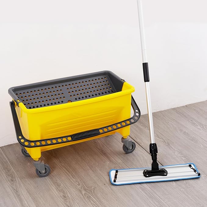 Matthew Cleaning Microfiber Finish Bucket with Sieve,Press Wring Mop Bucket for Microfiber Flat Mops, Mop Bucket with Non-Marking Casters Wheels,44" Yellow