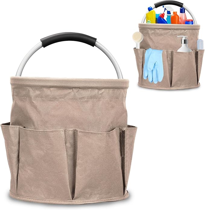 Cleaning Caddy with Handle, 17L Cleaning Supply Caddy Foldable Bucket Organizer Cleaning Products Organizers Cleaning Tools Bag 4.5 Gallon (Khaki)