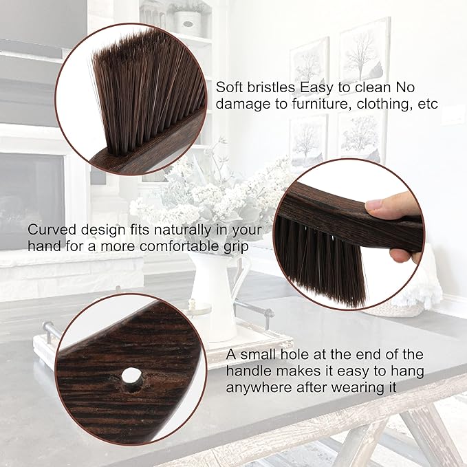 Hand Broom Dust Brush for Cleaning Dusting Soft Bristle Handheld Brushes for Car Interior Bed Bench Couch Counter Furniture Clothes Room Fireplace with Wood Handle