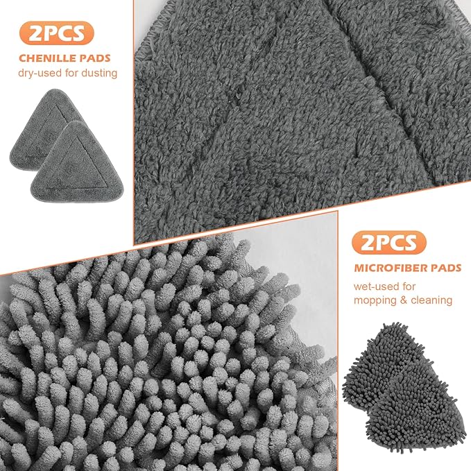 Wall Cleaner Triangle Mop with 82'' Long Handle - Wall Scrubber, Cleaning Washer Tool with 4 Microfiber Chenille Duster Pads for Clean Walls, Ceiling, Windows, Baseboards, Floors (Gray)