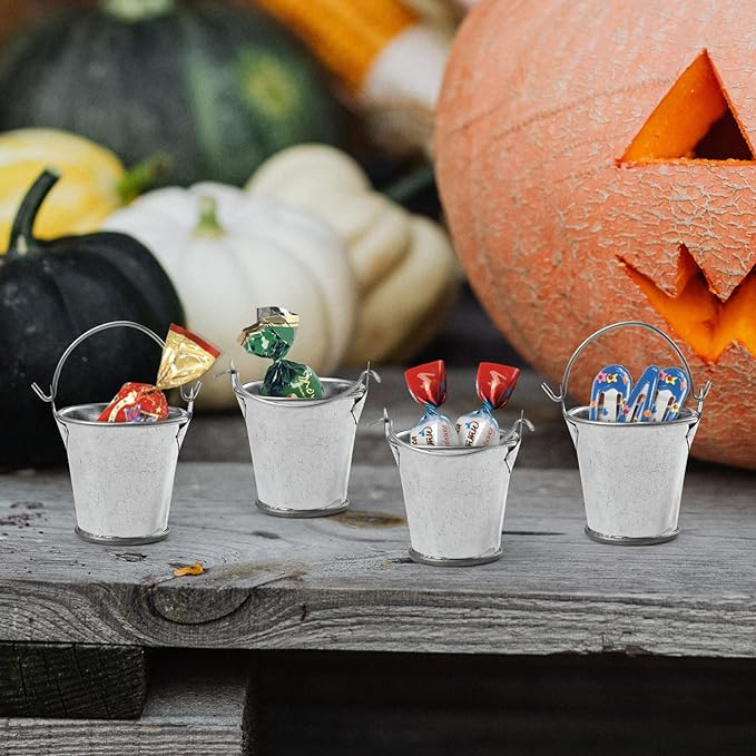 1.69" Galvanized Mini Tin Buckets – 24Pcs Silver Metal Buckets with Handle Best for Party Favors, Bridal Shower and Craft Projects (Silver, 1.69")