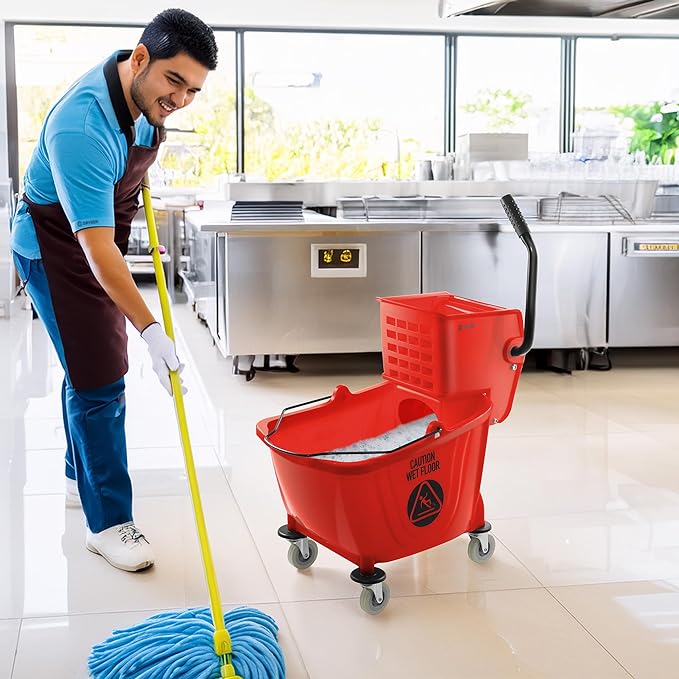 Dryser Commercial Side Press Wringer Combo Mop Bucket, 33 Quart, Red