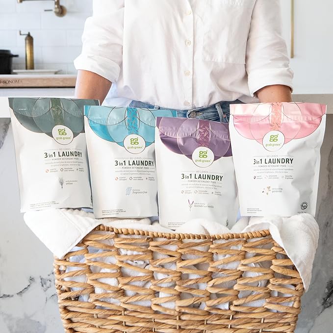 Grab Green 3-in-1 Laundry Detergent Pods, 24 Count, Vetiver Scent, Plant and Mineral Based, Superior Cleaning Power, Stain Remover, Brightens Clothes