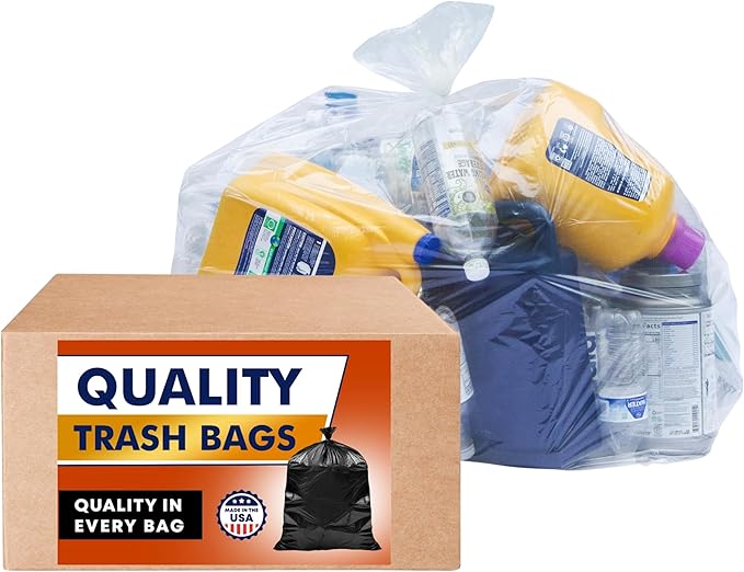 65 Gallon Clear Trash Bags Heavy Duty (MegaPack 50 Bags w/Ties) 64 Gallon Extra Large Clear Plastic Recycling Garbage Bags