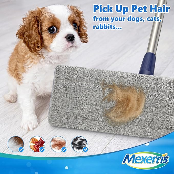 MEXERRIS Microfiber Flat Mop for Hardwood Laminate Tile Floor Cleaning: Stainless Steel Handle - 4 Reusable Flat Mop Refills and 1 Dirt Removal Scrubber Included - Dry Dust Mop Commercial Home Use