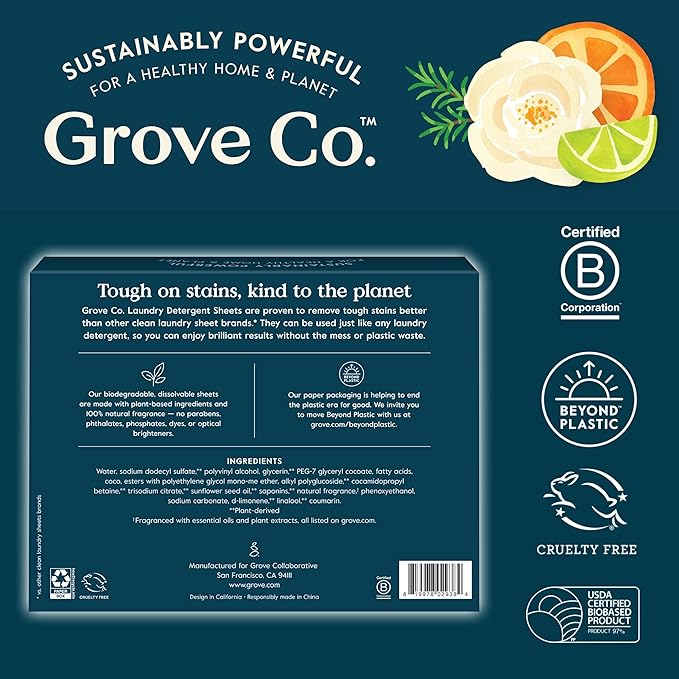 Grove Co. Laundry Detergent Sheets, Power Clean Dissolving Washer Sheets (2 Pack - 64 Loads) Tough Stain Remover, 100% Natural Lavender Blossom & Thyme Fragrance