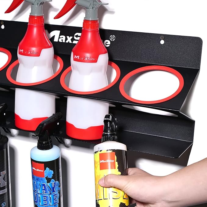 Maxshine Universal Spray Bottle Holder (16oz/34oz) - Holds 7 IK Trigger Sprayers with 3 Small Holes, Sturdy & Lightweight Wall-Mounted Organizer for Detailing Accessories