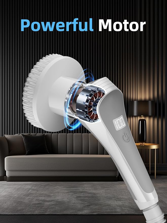 Electric Spin Scrubber,Cordless Shower Scrubber with Power Display Screen,IP68 Waterproof Bath Cleaning Brush,Adjustable Extension Handle & 2 Speeds,Electric Cleaning Brush for Bathroom,Kitchen,Tub